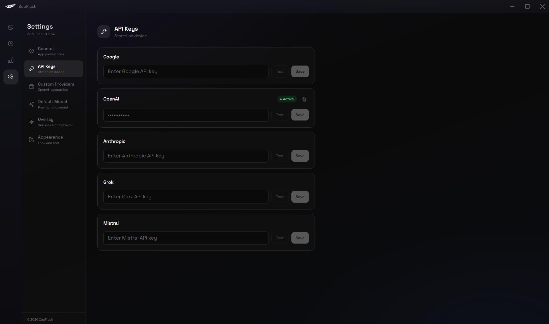 Settings page — API Keys section