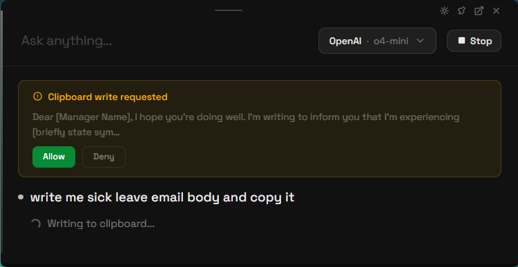 Consent dialog — clipboard write preview