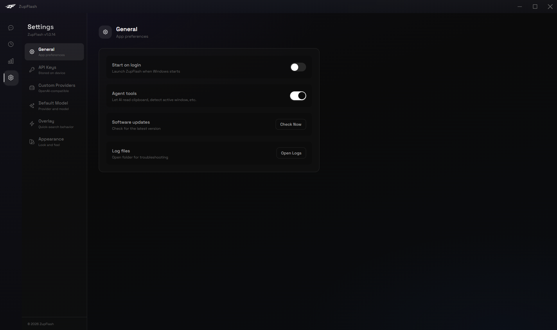 Settings page — full view